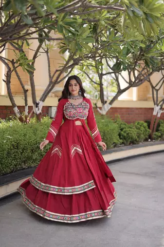 Kora Cotton Gamthi Gota Patti Mirror Work Lehenga Choli with Full Sleeves Shrug For Women - free size