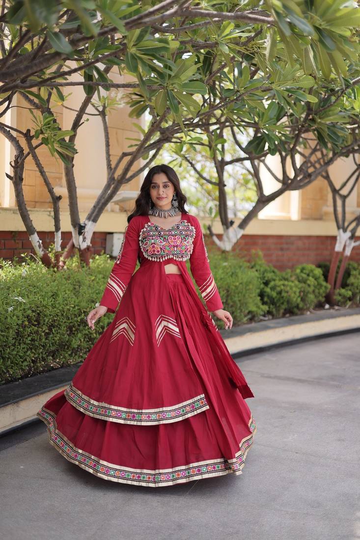 Kora Cotton Gamthi Gota Patti Mirror Work Lehenga Choli with Full Sleeves Shrug For Women - free size