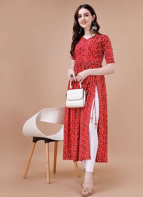 RED BANDHANI FOLI PRINT DESIGN WORK WITH RAYON FABRIC KURTI  1