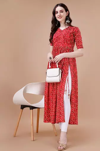RED BANDHANI FOLI PRINT DESIGN WORK WITH RAYON FABRIC KURTI 