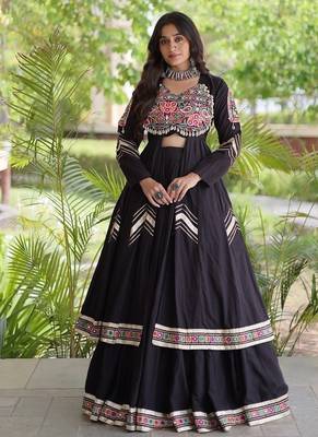 Kora Cotton Gamthi Gota Patti Mirror Work Lehenga Choli with Full Sleeves Shrug For Women - free size 1