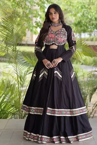 Kora Cotton Gamthi Gota Patti Mirror Work Lehenga Choli with Full Sleeves Shrug For Women - free size
