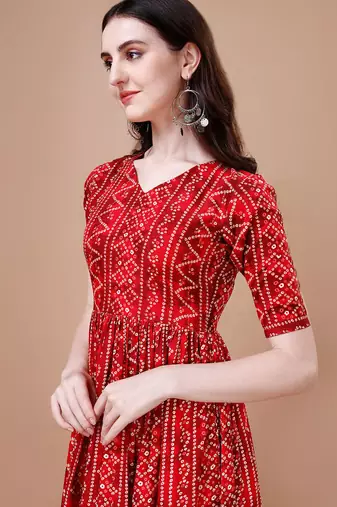 RED BANDHANI FOLI PRINT DESIGN WORK WITH RAYON FABRIC KURTI 