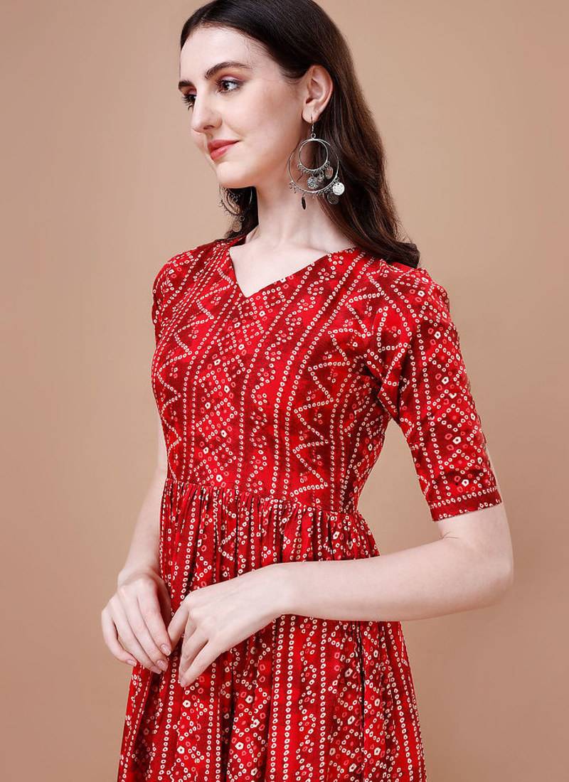 RED BANDHANI FOLI PRINT DESIGN WORK WITH RAYON FABRIC KURTI 