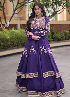 Kora Cotton Gamthi Gota Patti Mirror Work Lehenga Choli with Full Sleeves Shrug For Women - free size 1