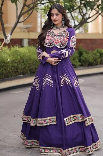 Kora Cotton Gamthi Gota Patti Mirror Work Lehenga Choli with Full Sleeves Shrug For Women - free size