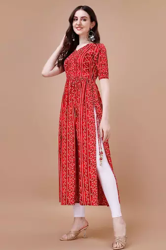 RED BANDHANI FOLI PRINT DESIGN WORK WITH RAYON FABRIC KURTI 