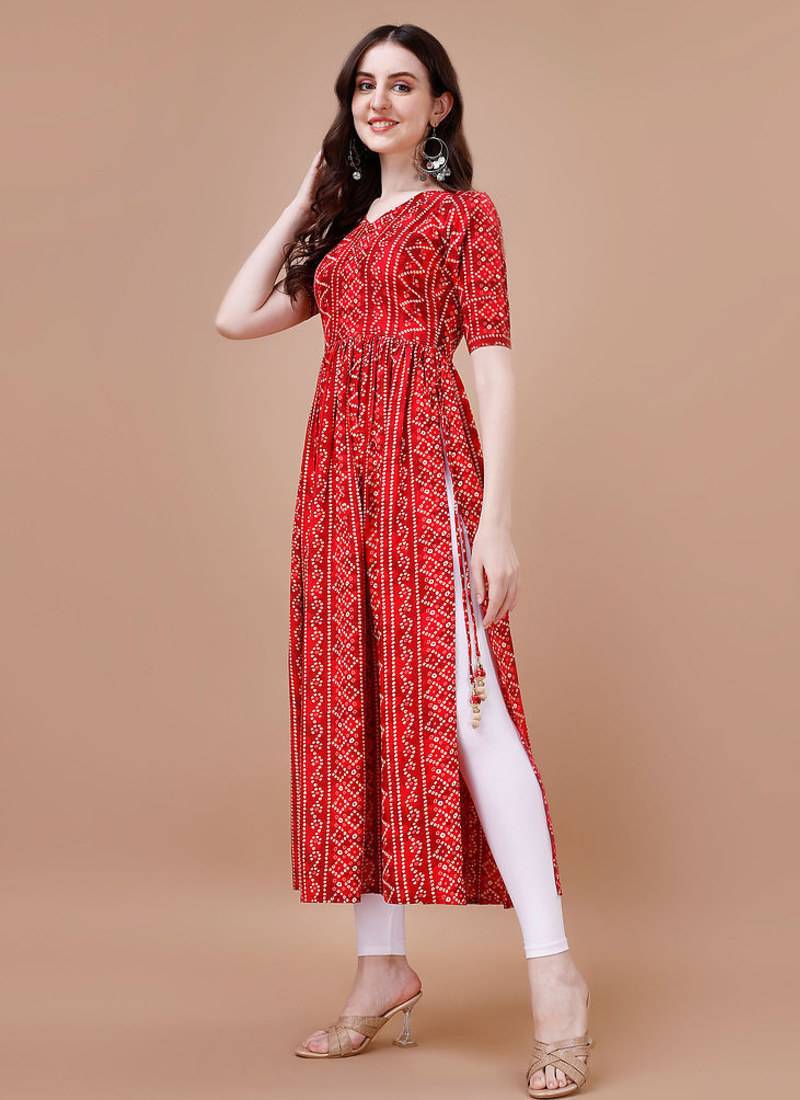 RED BANDHANI FOLI PRINT DESIGN WORK WITH RAYON FABRIC KURTI 