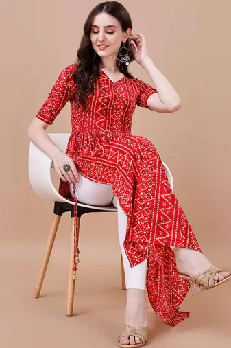 RED BANDHANI FOLI PRINT DESIGN WORK WITH RAYON FABRIC KURTI 