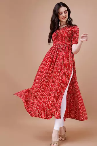 RED BANDHANI FOLI PRINT DESIGN WORK WITH RAYON FABRIC KURTI 