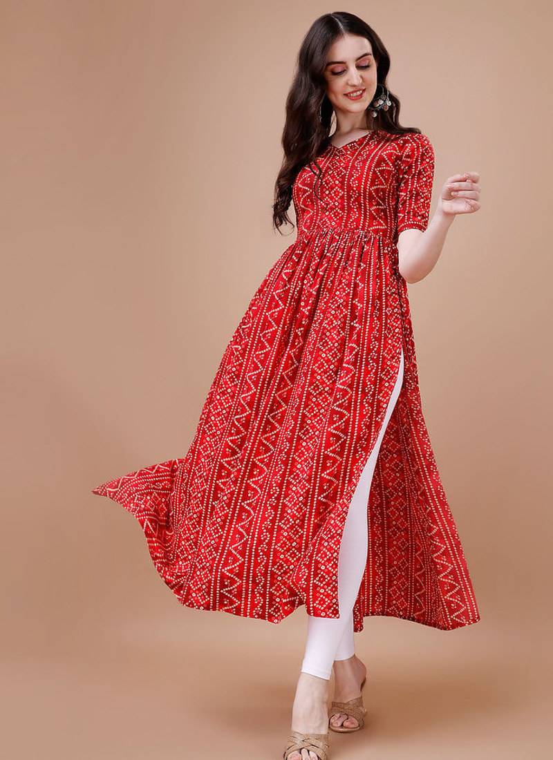 RED BANDHANI FOLI PRINT DESIGN WORK WITH RAYON FABRIC KURTI 