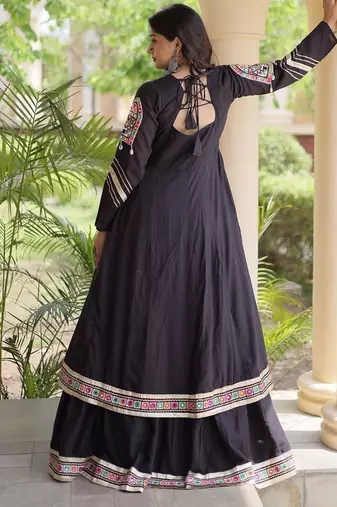 Kora Cotton Gamthi Gota Patti Mirror Work Lehenga Choli with Full Sleeves Shrug For Women - free size