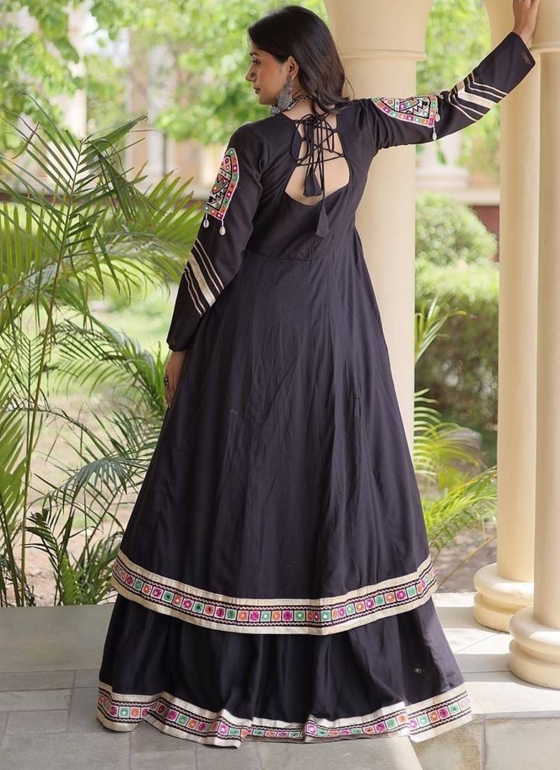 Kora Cotton Gamthi Gota Patti Mirror Work Lehenga Choli with Full Sleeves Shrug For Women - free size