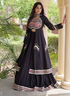 Kora Cotton Gamthi Gota Patti Mirror Work Lehenga Choli with Full Sleeves Shrug For Women - free size 3
