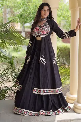 Kora Cotton Gamthi Gota Patti Mirror Work Lehenga Choli with Full Sleeves Shrug For Women - free size
