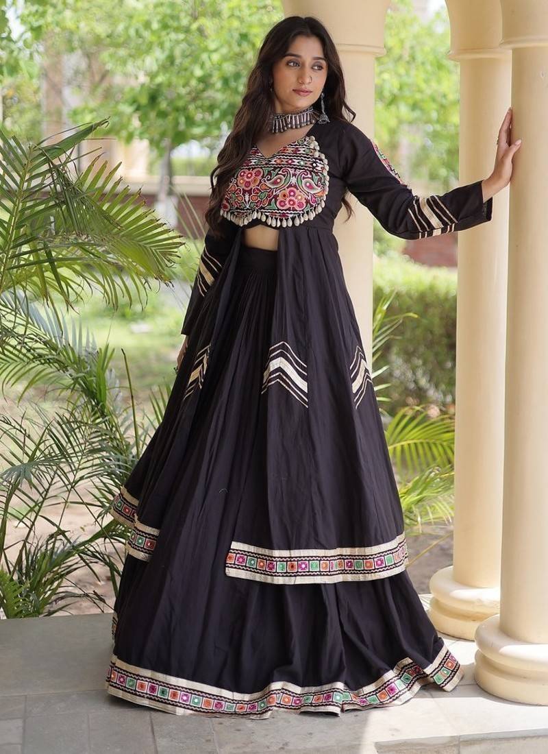 Kora Cotton Gamthi Gota Patti Mirror Work Lehenga Choli with Full Sleeves Shrug For Women - free size