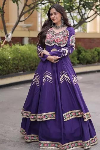 Kora Cotton Gamthi Gota Patti Mirror Work Lehenga Choli with Full Sleeves Shrug For Women - free size