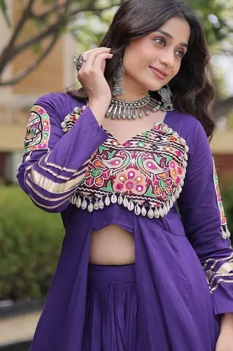 Kora Cotton Gamthi Gota Patti Mirror Work Lehenga Choli with Full Sleeves Shrug For Women - free size