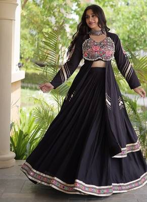 Kora Cotton Gamthi Gota Patti Mirror Work Lehenga Choli with Full Sleeves Shrug For Women - free size 5