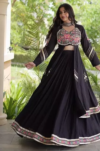 Kora Cotton Gamthi Gota Patti Mirror Work Lehenga Choli with Full Sleeves Shrug For Women - free size