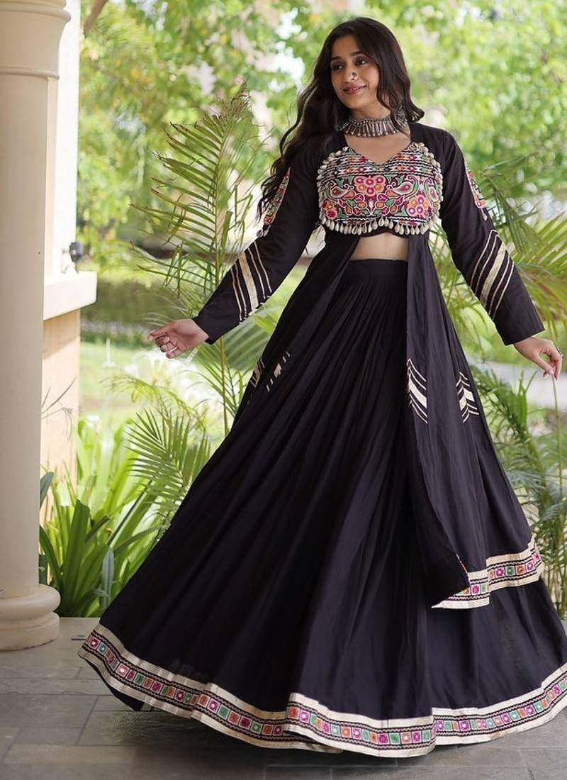 Kora Cotton Gamthi Gota Patti Mirror Work Lehenga Choli with Full Sleeves Shrug For Women - free size