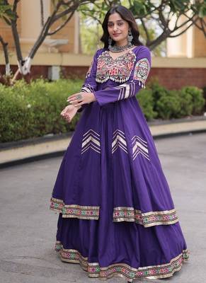 Kora Cotton Gamthi Gota Patti Mirror Work Lehenga Choli with Full Sleeves Shrug For Women - free size 5