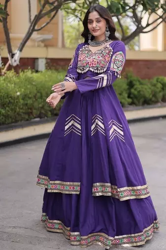 Kora Cotton Gamthi Gota Patti Mirror Work Lehenga Choli with Full Sleeves Shrug For Women - free size