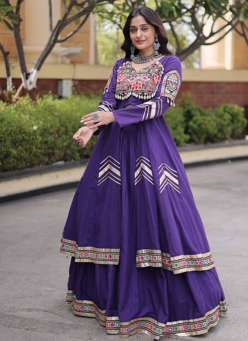 Kora Cotton Gamthi Gota Patti Mirror Work Lehenga Choli with Full Sleeves Shrug For Women - free size