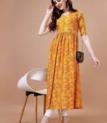YELLOW BANDHANI FOLI PRINT DESIGN WORK WITH RAYON FABRIC KURTI 