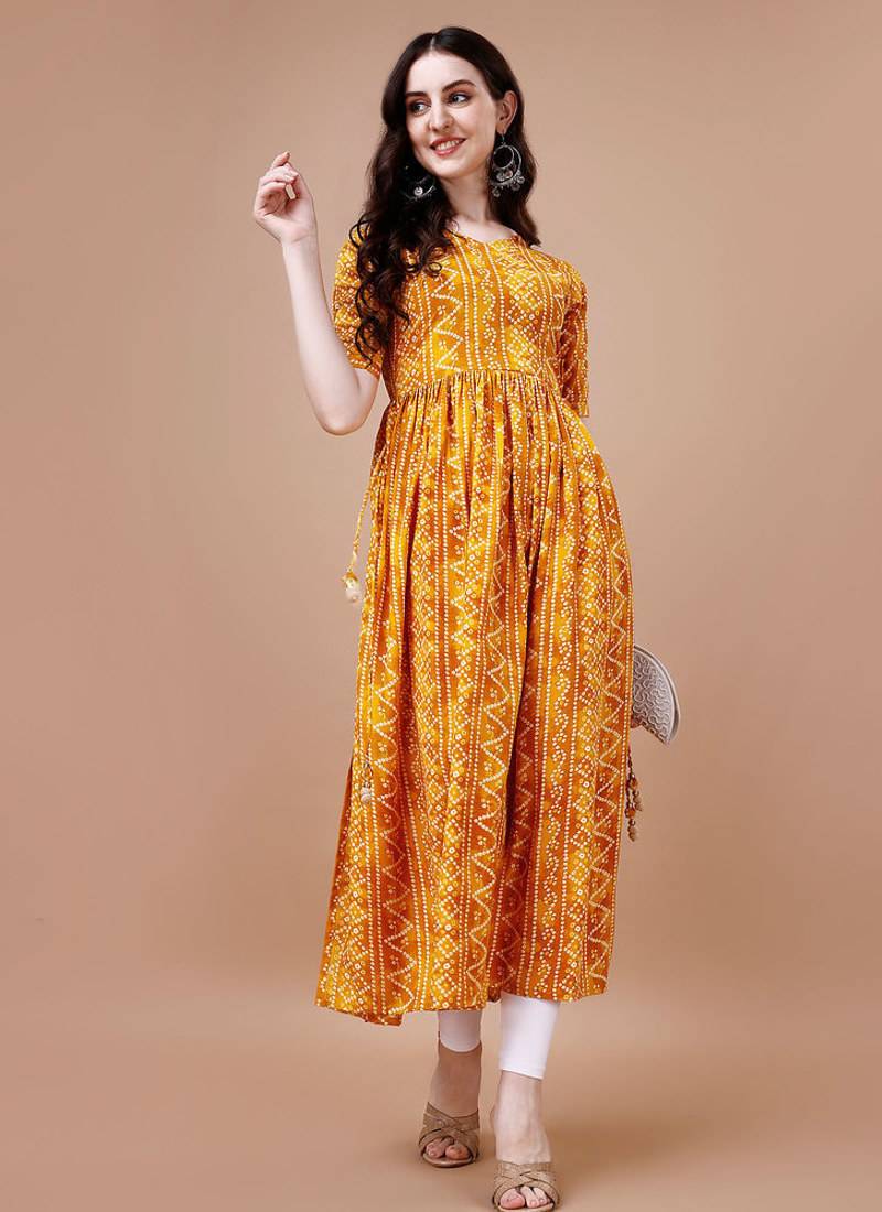 YELLOW BANDHANI FOLI PRINT DESIGN WORK WITH RAYON FABRIC KURTI 