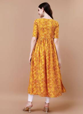 YELLOW BANDHANI FOLI PRINT DESIGN WORK WITH RAYON FABRIC KURTI  4
