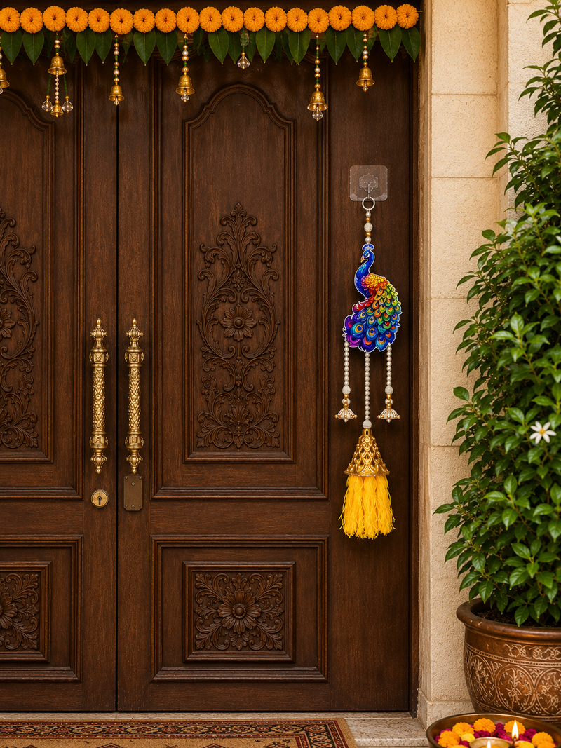 decorative mdf peacock latkan hanging home decorhanging for pooja decor & all festival decor (pack of 2)