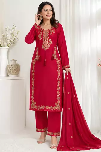 rani pink color embroidery work silk blend  salwar suit