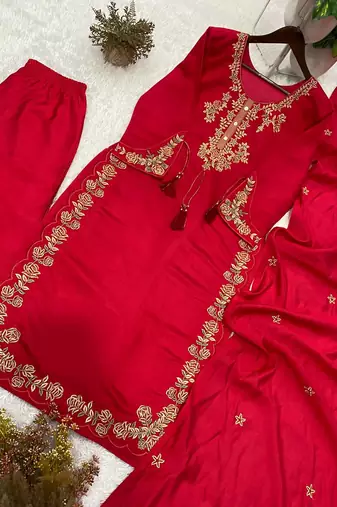 rani pink color embroidery work silk blend  salwar suit