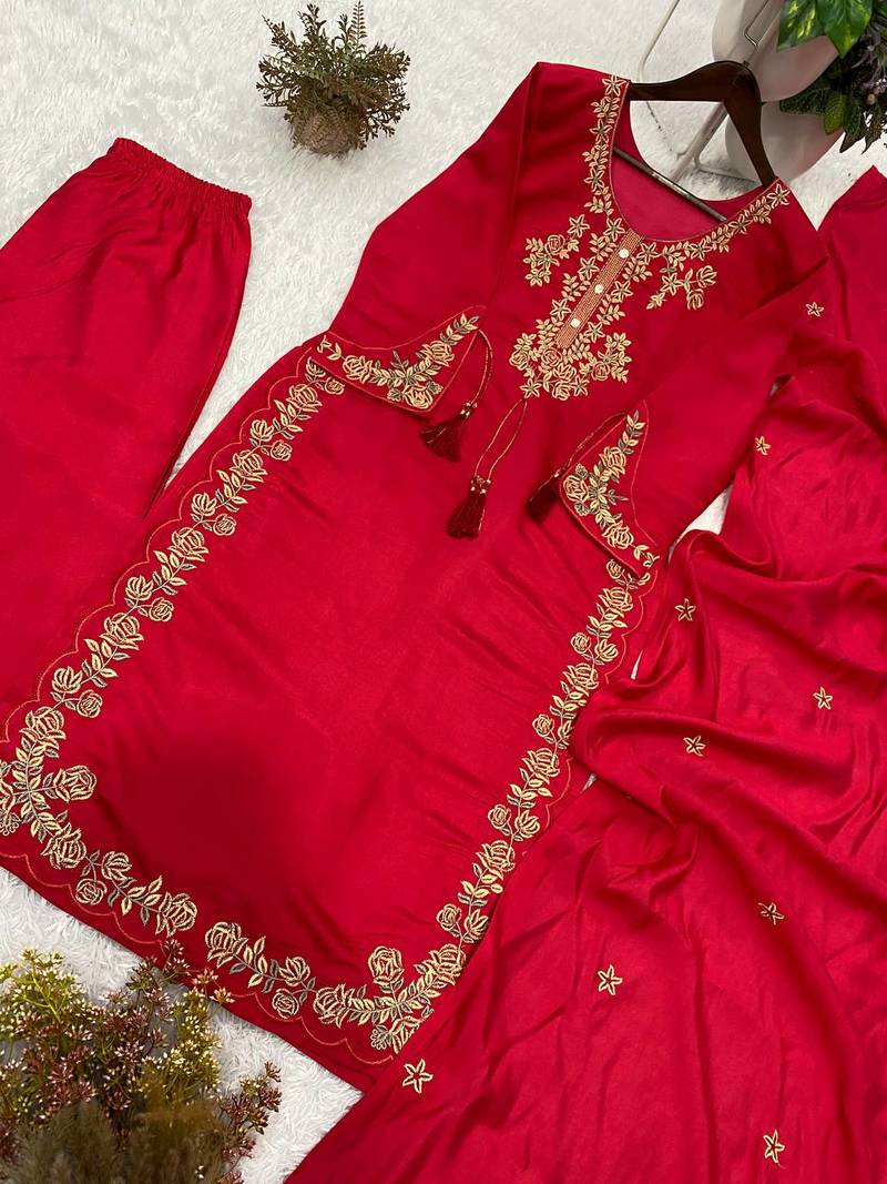 rani pink color embroidery work silk blend  salwar suit