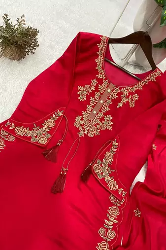 rani pink color embroidery work silk blend  salwar suit