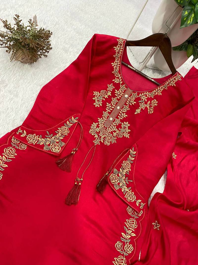 rani pink color embroidery work silk blend  salwar suit