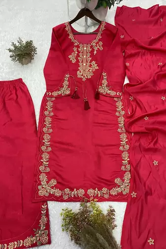 rani pink color embroidery work silk blend  salwar suit