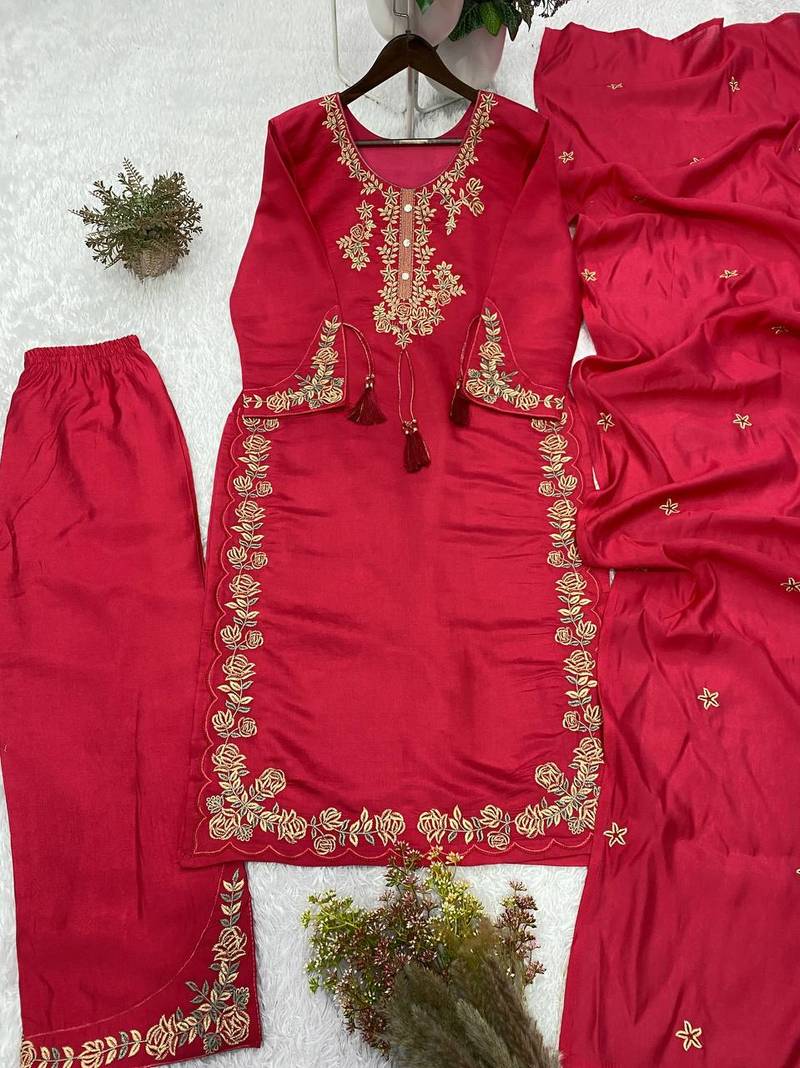 rani pink color embroidery work silk blend  salwar suit