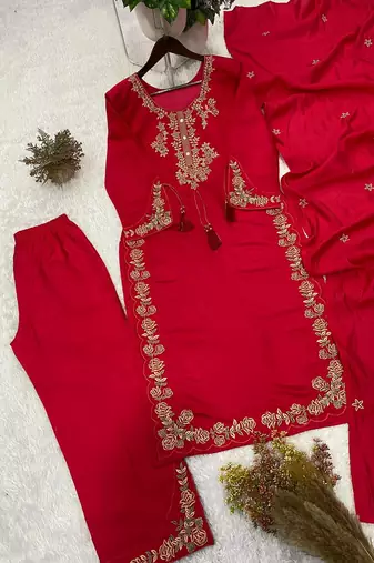 rani pink color embroidery work silk blend  salwar suit