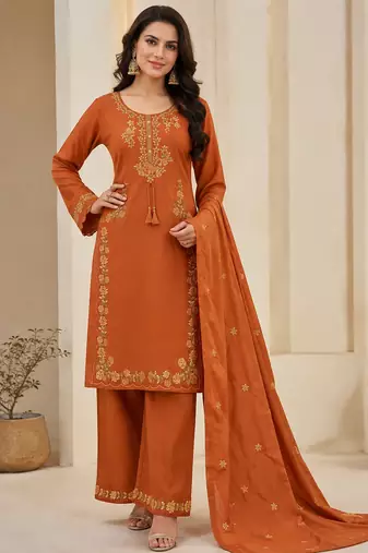 orange color embroidery work silk blend  salwar suit