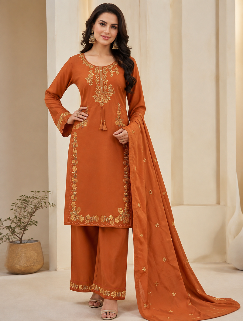 orange color embroidery work silk blend  salwar suit