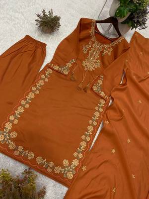 orange color embroidery work silk blend  salwar suit 2