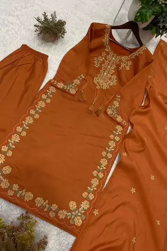orange color embroidery work silk blend  salwar suit