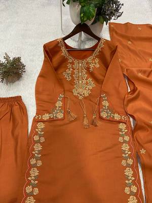 orange color embroidery work silk blend  salwar suit 3