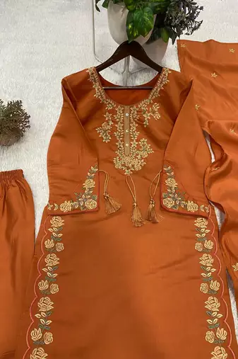 orange color embroidery work silk blend  salwar suit