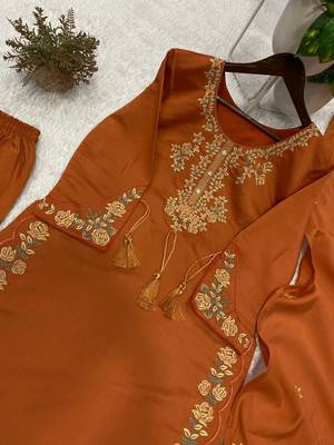orange color embroidery work silk blend  salwar suit 4
