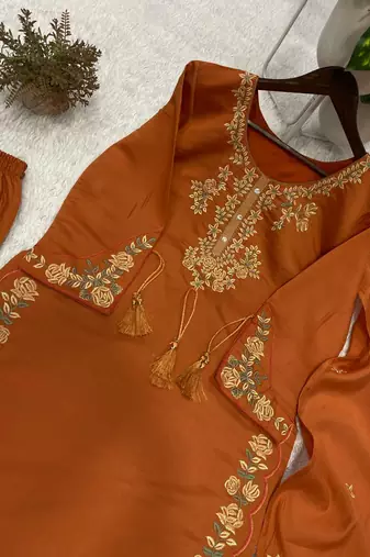 orange color embroidery work silk blend  salwar suit