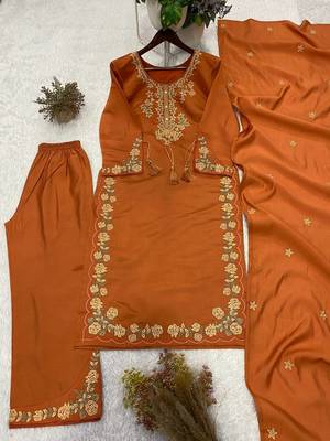 orange color embroidery work silk blend  salwar suit 5