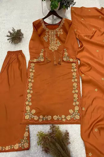 orange color embroidery work silk blend  salwar suit